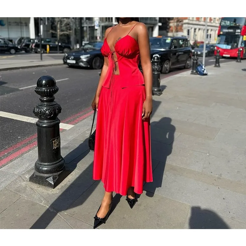 

Sexy Women's Dress Suit Streetwear 2026 Summer New Fashionable and Strap Sleeveless Top and High Waist Skirt Set for Female