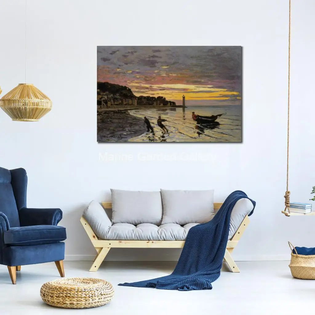 Hand Painted Claude Monet Seascape Oil Painting Hauling Boat Ashore Honfleur Large Canvas Wall Art for Modern Living Room Decor