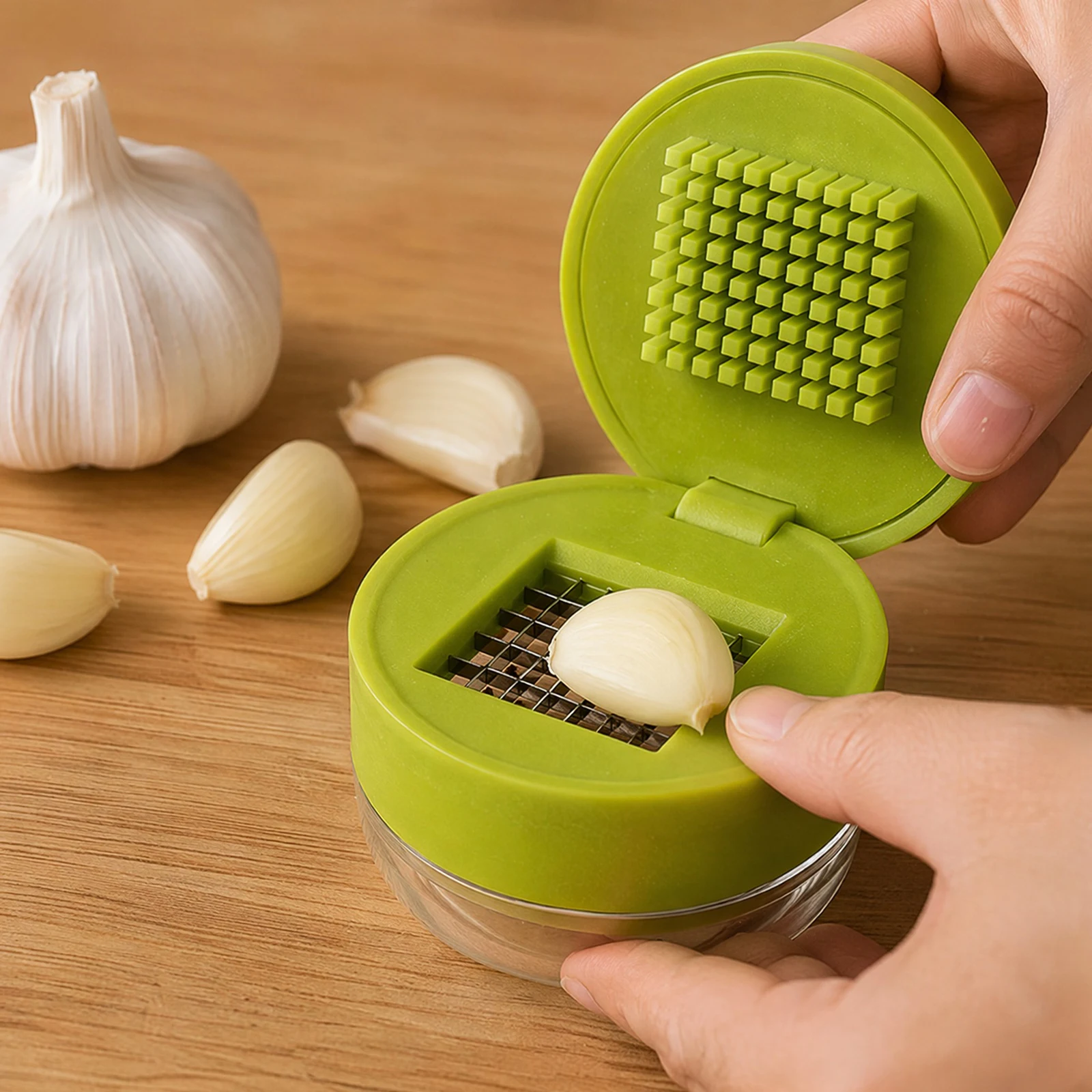 Multi-Functional Garlic Press with Storage Container Manual Garlic Crusher Anti-Slip Handle Handheld Onion Chopper for Food Prep