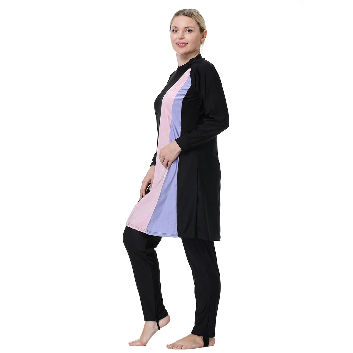Diagonal Color Block Burkini Long Sleeve Tunic Pants Full Coverage Muslim Modest Conservative Bathing Suit For Swimming Beach