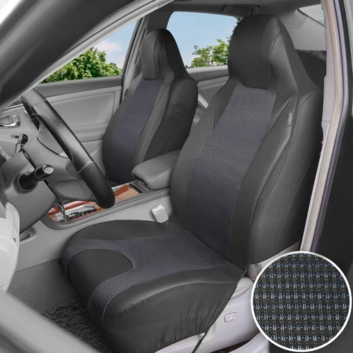 AUTO PLUS Fundas para asientos de coche con respaldo alto, tamaño Universal, apto para la mayoría de los coches SUV, fundas de asiento de tela Jacquard empalmadas de cuero PU con puntos