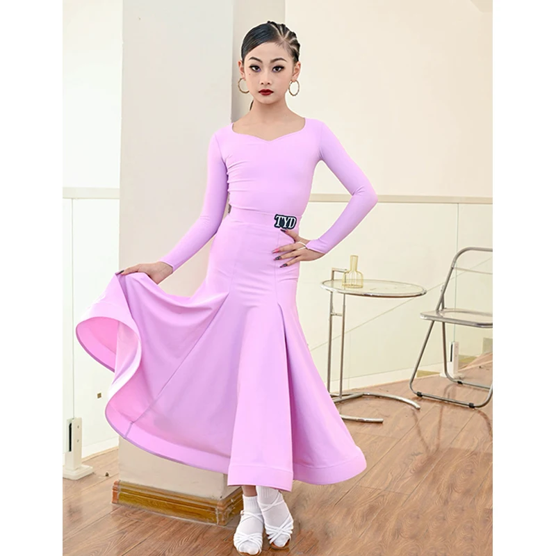 

Girls Ballroom Dance Competition Dress Purple Long Sleeves Suit Standard Dance Clothes Kids Ballroom Practice Clothing DNV21766