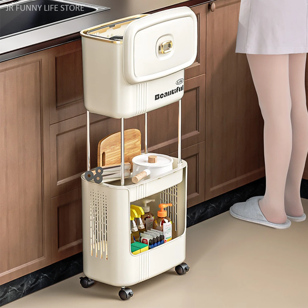 Movable Kitchen Trash Can with Lid Double Layer Narrow Storage Rack Anti-odor Recycle bin Wastebasket