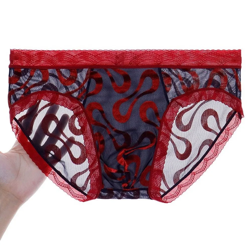 Men's Underwear Breathable Lace Trim Elastic Waist Briefs U Pouch Transparent Lingerie Flocking Printing Mesh Panties