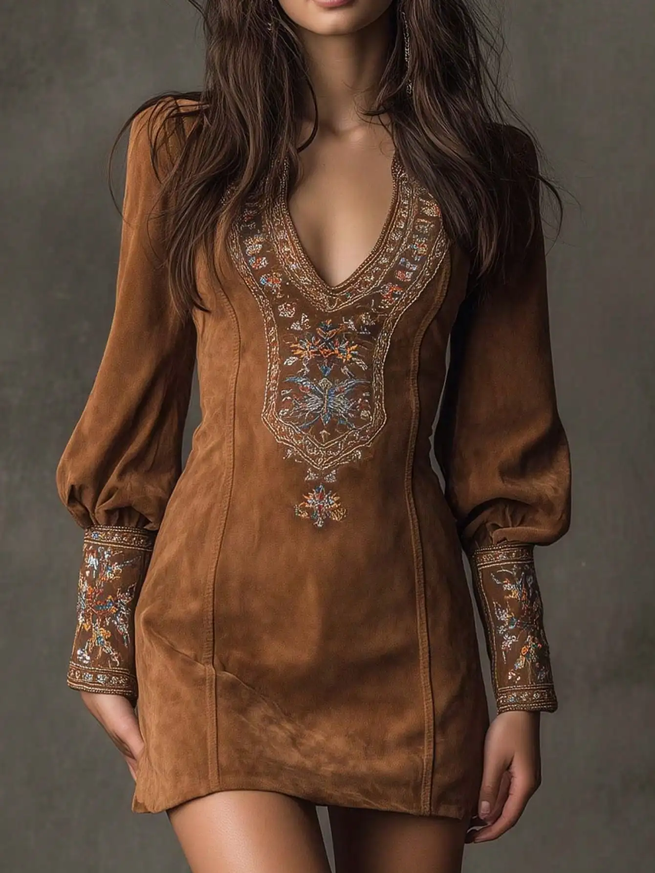 

Женское мини-платье с глубоким V-образным вырезом, длинными рукавами, вышитыми цветочными деталями и пышными рукавами