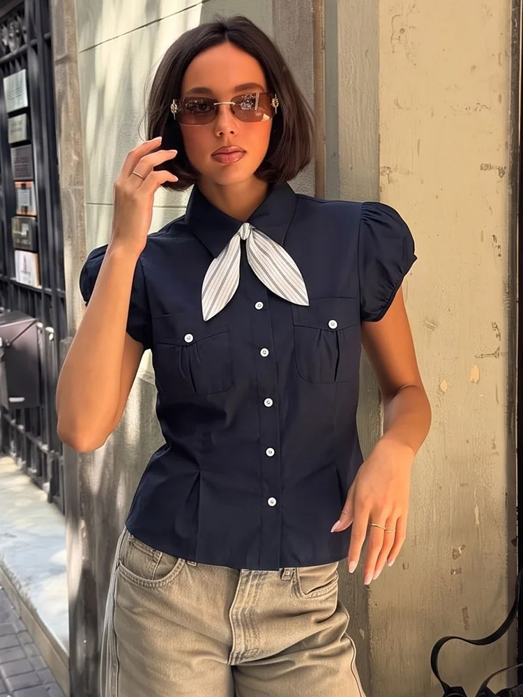 HH Women Spring Summer Chic Black Striped Bow Tie Shirt Puff Short Sleeve Preppy Style Slim For Brunch Street Casual Daily Wear