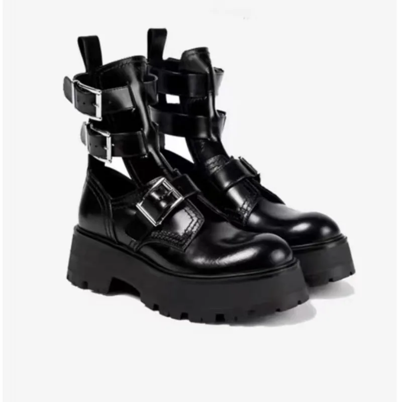 

Hollow Out Chelsea Boots for Women Spring Autumn Platform Ankle Boots PU Breathable Woman Shoes Black Bota Feminina Mid-Calf