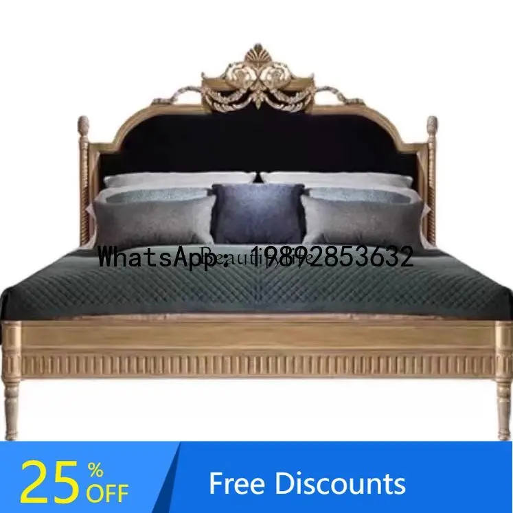 

FF French retro old solid wood carving flower bedroom double bed romantic villa fabric wedding bed