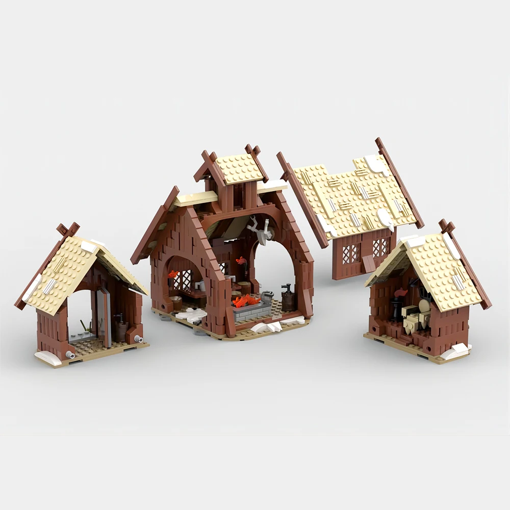 MOC ウィンターハウス バイキング ミードホール 村の組み立てブロックキット 農場 中世建築 船 ロングシップ 雪の家 ブロック