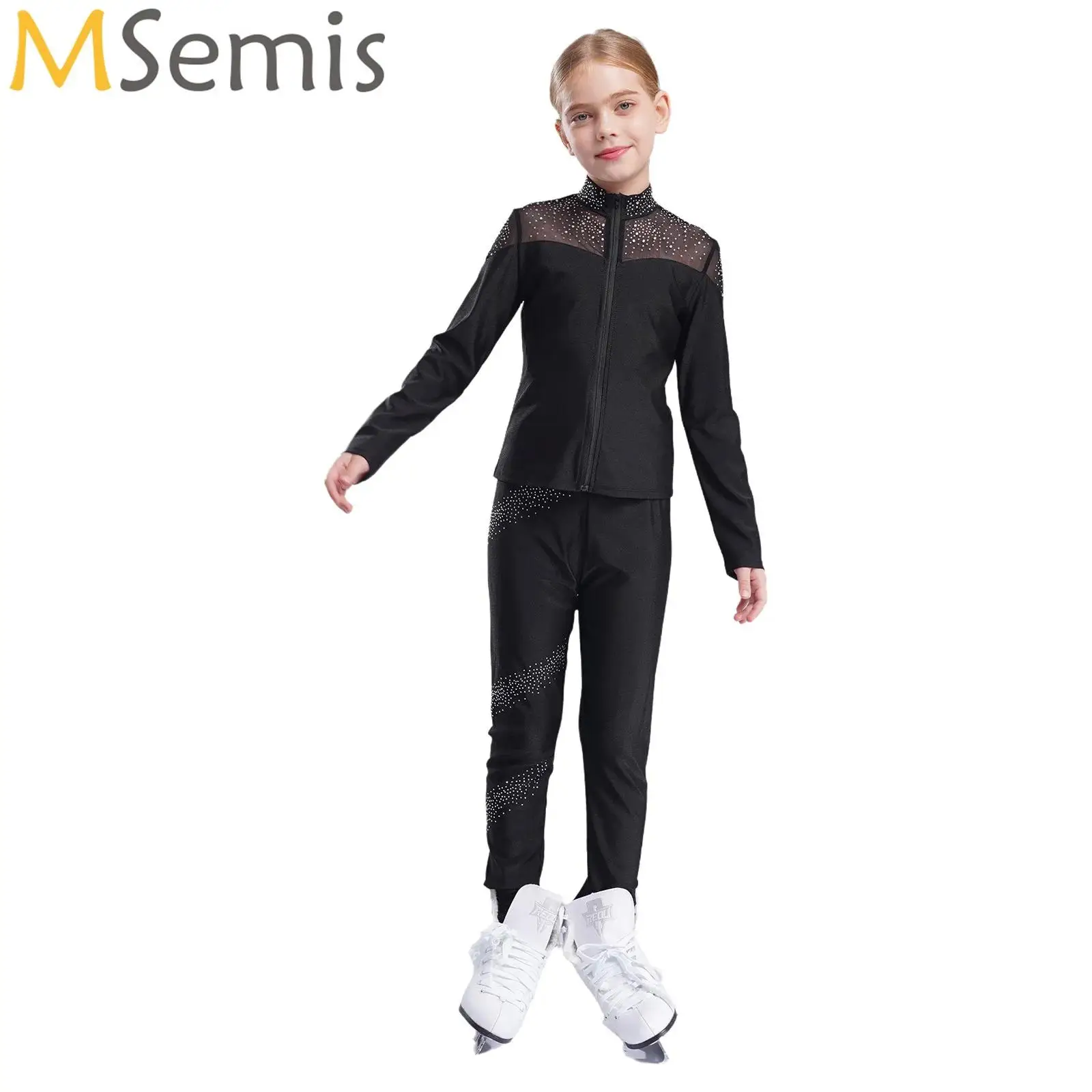 

Kids Girls Figure Skating Costume Shiny Rhinestones Mesh Jacket Long Sleeve Zipper Sweatshirt with Pants Sportswear Set