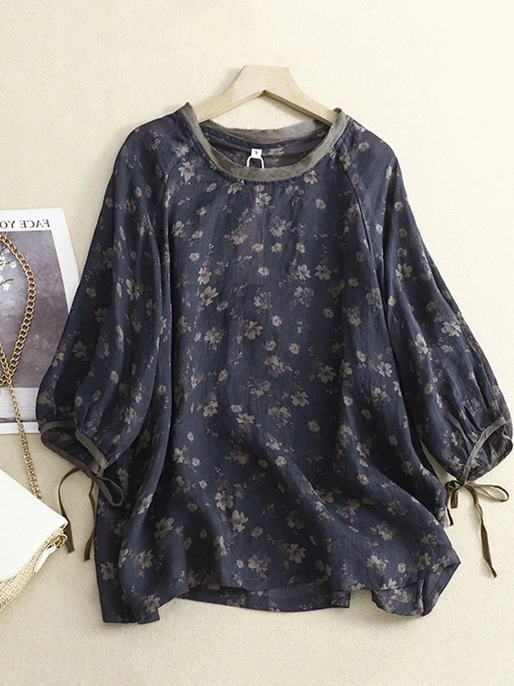 

Spring Summer Women T Shirts Vintage Japan Style Flesh Flower Printing Trendy Loose Round Neck Casual Tops Female ClothesZT222