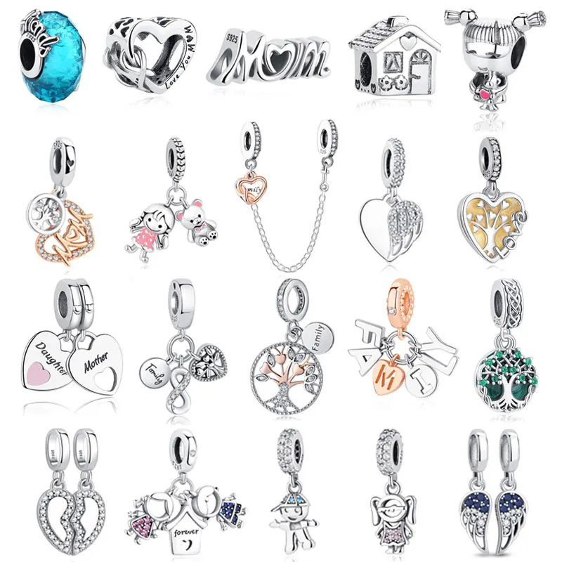 Original 925 Sterling Silber Charms Stammbaum Liebesherz Mama Anhänger Perlen Passend für Marken-Armbänder Halsketten Frauen DIY Schmuck