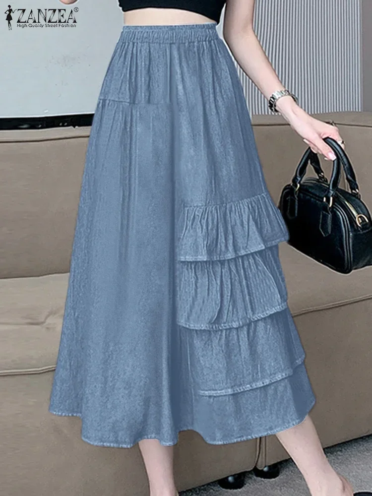 

ZANZEA, женские юбки с высокой талией, повседневные однотонные юбки-миди Jupes, 2022, верхняя юбка с рюшами, элегантная эластичная талия, трапециевидной формы Faldas