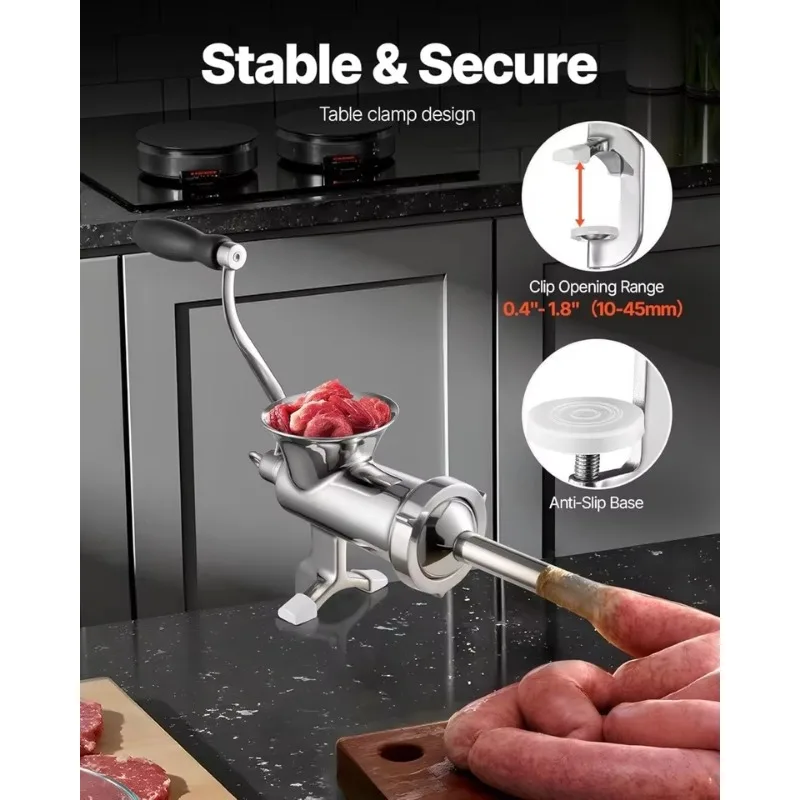 New Manual Meat Mincer 304 Stainless Steel with Table Clamp & Multiple Attachments for Home Kitchen