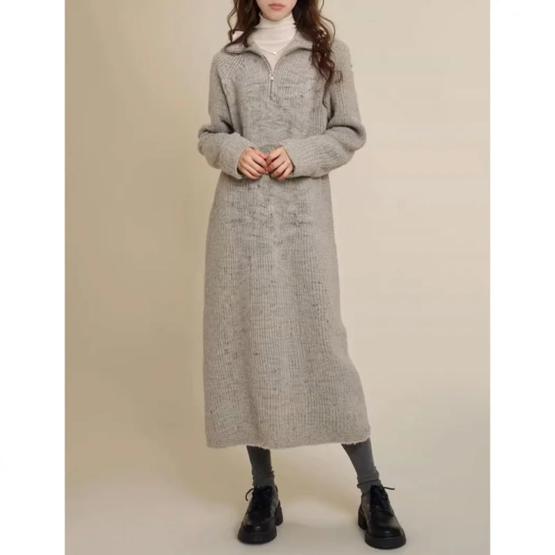 

Thick Gray High Neck Long Sleeve Knitted Sweater Dress Women, New Autumn Slim Loose Dress