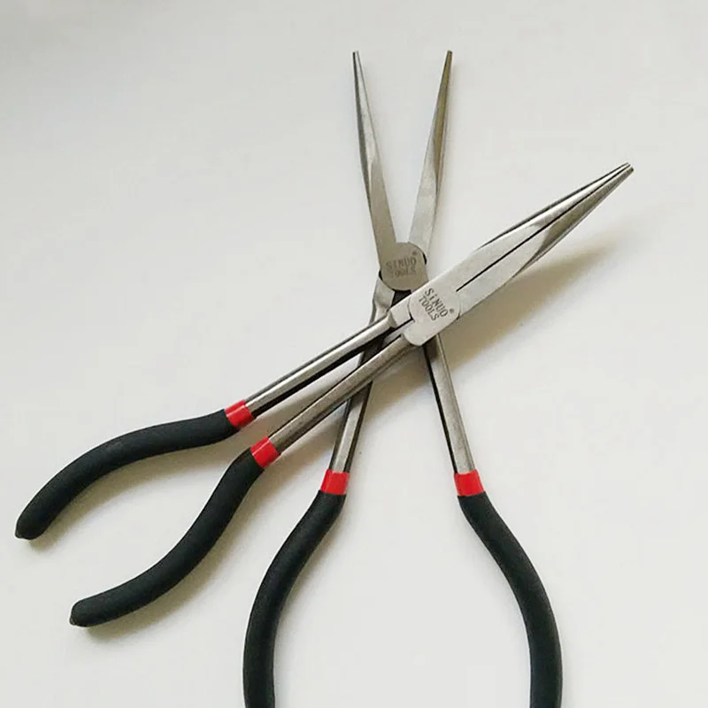 1pc Needle-nose Fishing Pliers Curve/Straight Head Nonslip Long Handle Carbon Steel Snipe-nose Gripper Tongs Hand Tool Tweezer