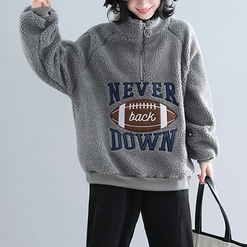 Sweat-shirt coréen doublé Sle Fce, grande taille, vêtements pour femmes, fourrure d'agneau brodée, ample, grande taille, col haut, T...