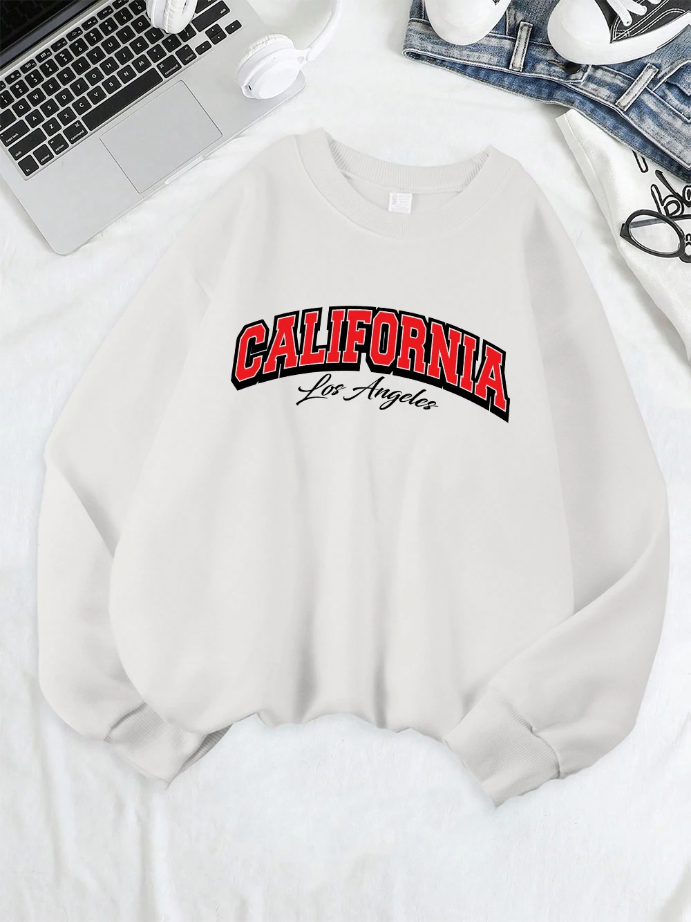 California Los Angeles City Printed Sweatshirt Women Fleece Warm Casual Hoodie O-Neck Loose Pullover Winter Comfortable Tops