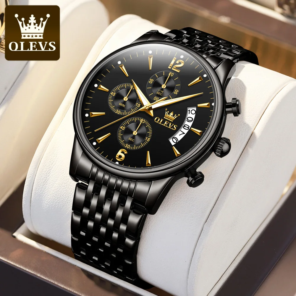 

Olevs Black Bracelet Men's Business Chronograph Analog Watches Fashion Quartz Wrist Watch Male Hand Clock Orologio Uomo