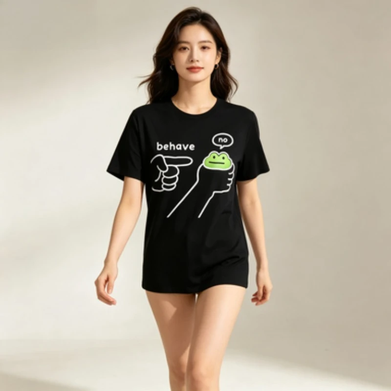 Women Modal  T-Shirt Frog Behave No Meme Print Short Sleeve Crewneck Funny Casual Cute Graphic Tee Black White