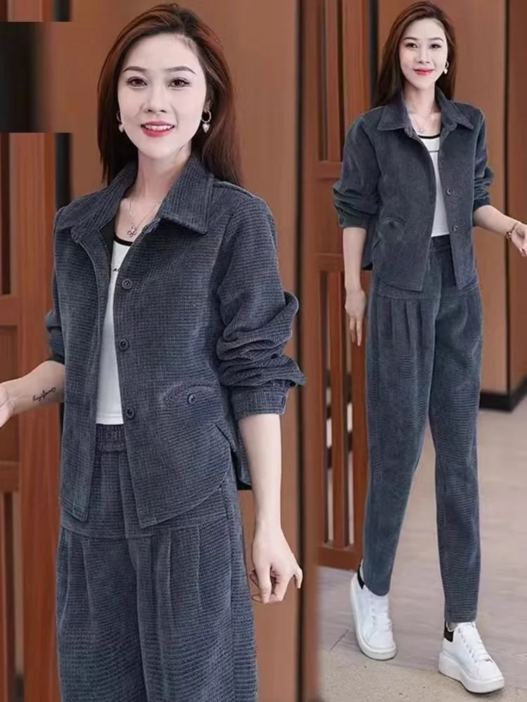 

Fashionable Casual Women's Spring Autumn Loose Slimming Short Coat Wide Leg Pants Two-Piece Set Korean Style Cotton Warmth