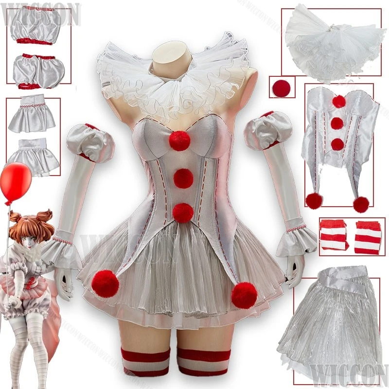 

Movi Pennywise Cosplay Costume Scary Clown Dress Halloween Party Outfit Horror Movie Character Silver Ruffle Jumpsuit Convention