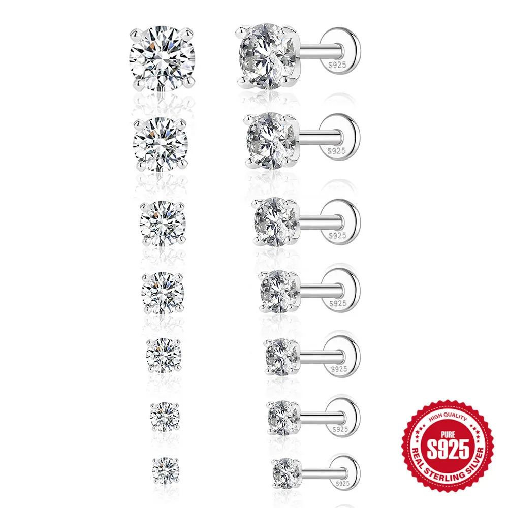 Onnelik New Arrival S925 Sterling Silver Moissanite Four-Prong Flat Top Labret Stud Threaded Cartilage Piercing Ear Jewelry 6