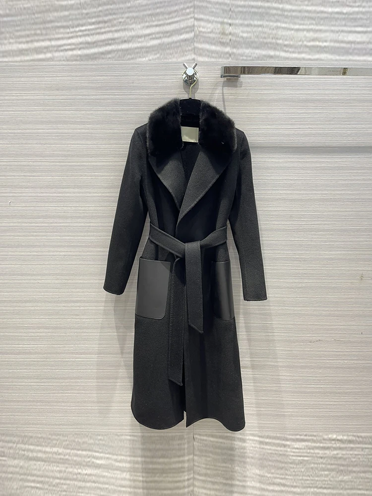 Winter Fashion Black Classic Version Long Style Overcoat Women's Detachable High Quality Mink Fur Long Sleeve Hand-made Overcoat