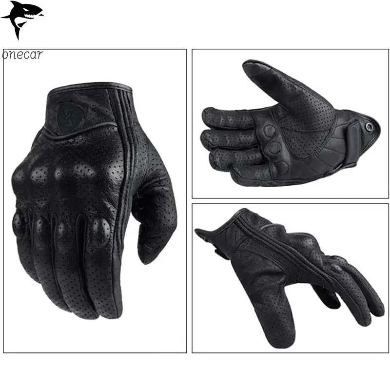 Guantes de moto de cuero genuino para hombre, guantes de equipo de carreras de carretera, color negro, blanco, verano e invierno, 1 par