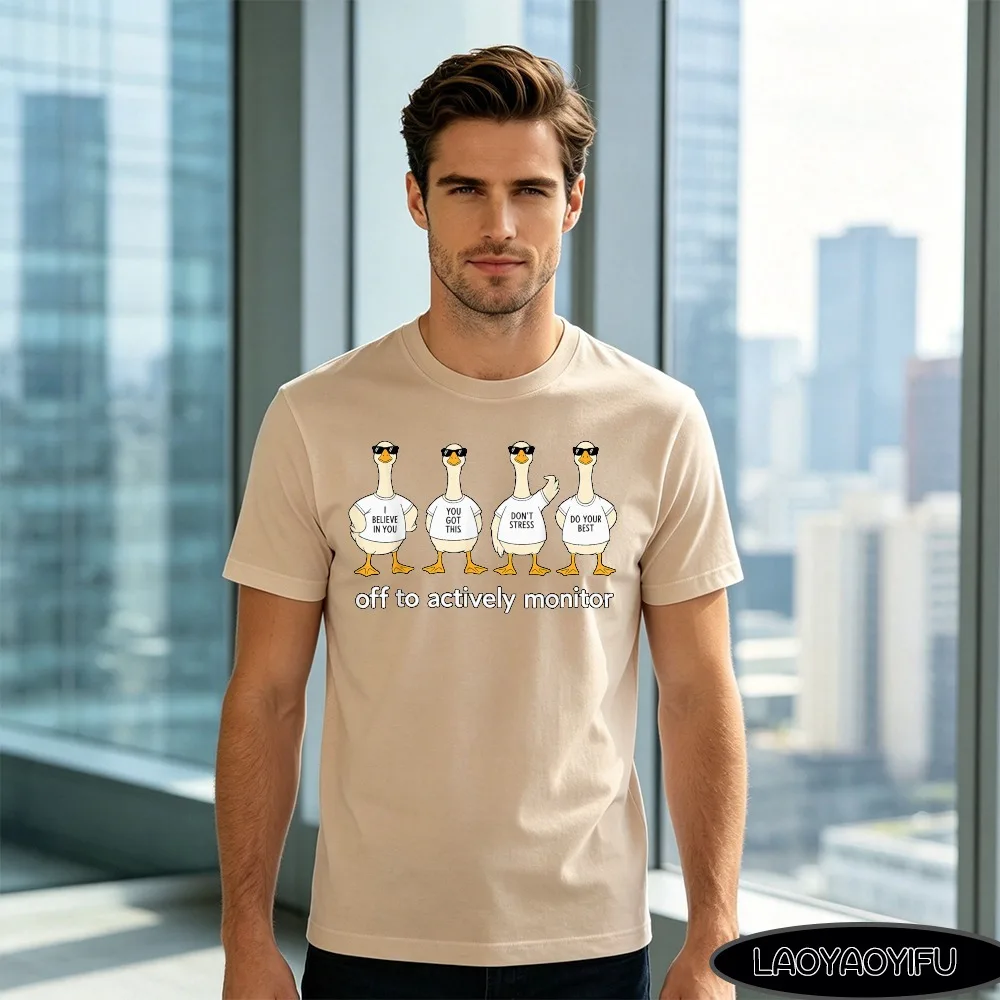 Funny Duck Meme T-Shirt Off To Actively Monitor Graphic Print Short Sleeve Cotton Tee Casual Crewneck Tops for Animal Lovers