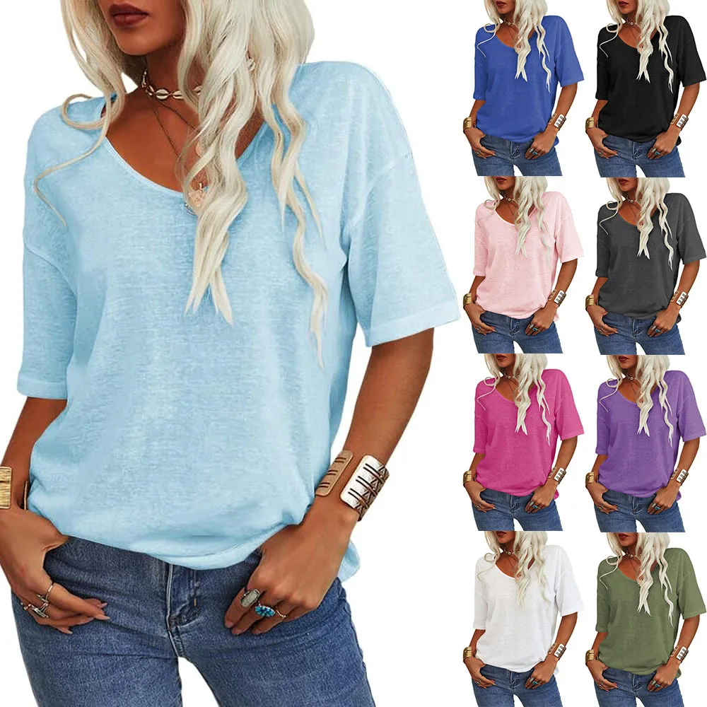 Frauen V-Ausschnitt Kurzarm solide lose T-Shirts Sommer weibliche T-Shirt Tops YDFS-4621