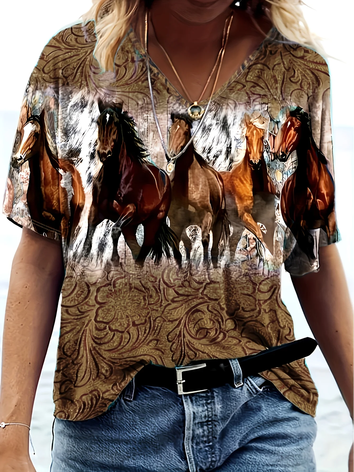 Women V‑Neck Short Sleeve T‑Shirt Western Running Horses Vintage Floral Background Print Casual Loose Blouse Tops