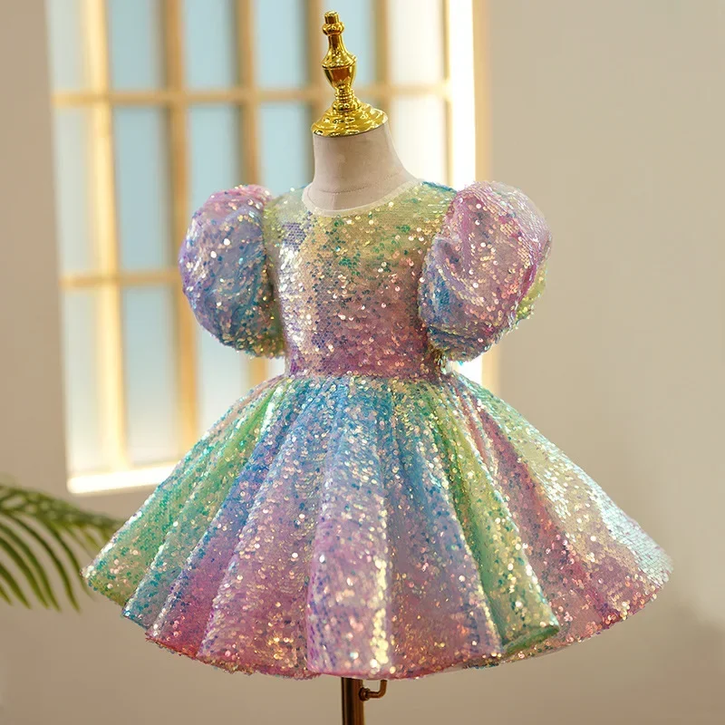 Vestido de lentejuelas para niña, ropa de fiesta de cumpleaños, mangas abullonadas, brillantes, Pastel, ombré