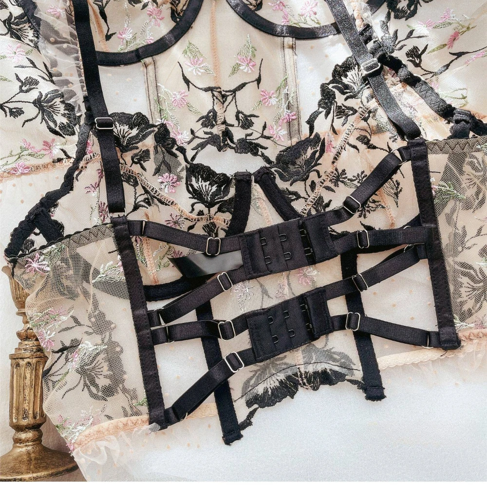 Sexy Lace Flowers Embroidery Lingerie Set Summer Ultra Thin Breathable Bra and Thong Sets Women Wide Version Romantic Underwear
