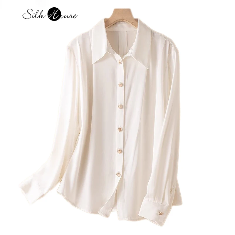 

2024 Spring/Autumn New 93%Natural Silk Elastic Double Qiao Satin White Solid Color Versatile Fashion Women's Long Sleeved Shirt