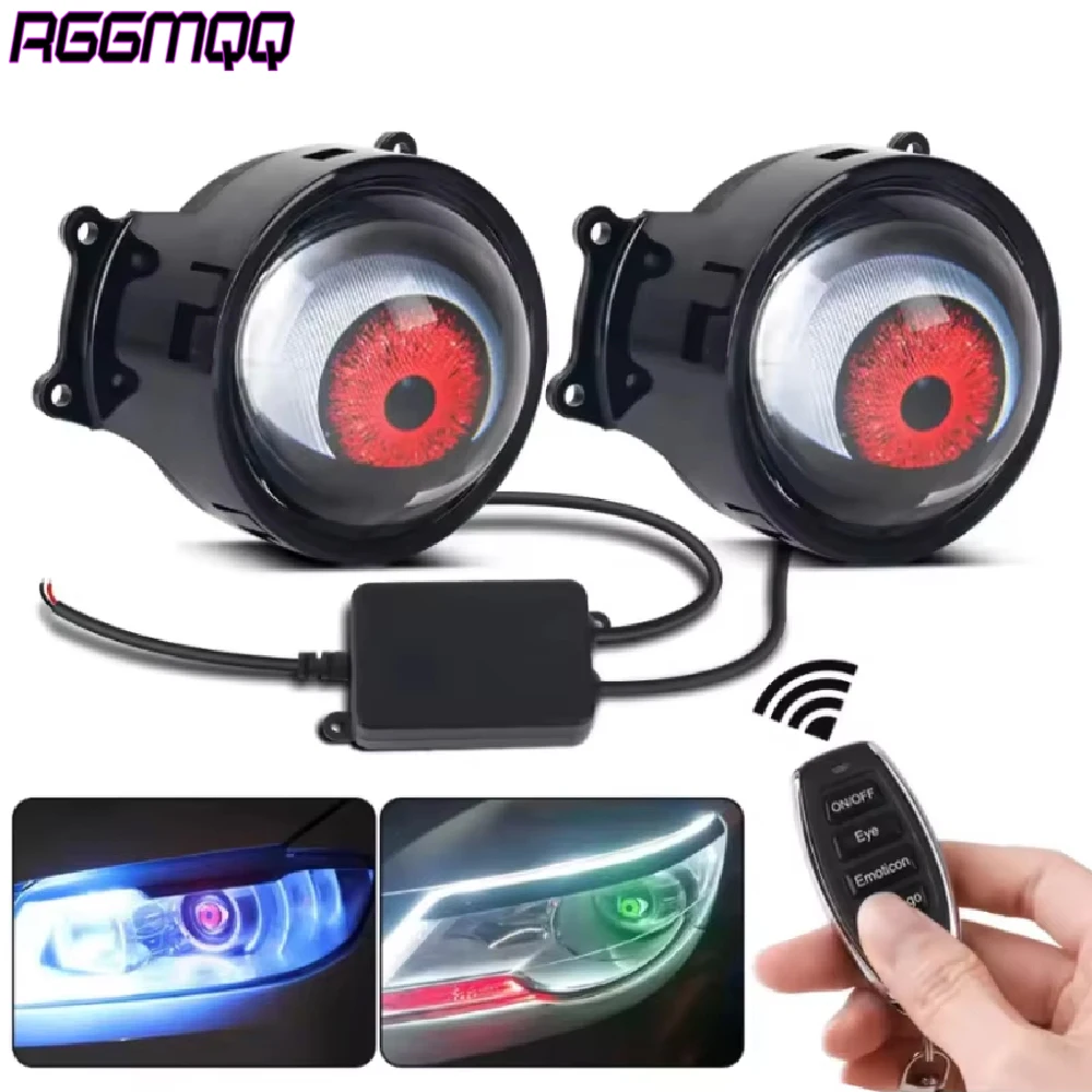 2PCS Dynamic Devil Eyes LED Headlights, Blinking Red Demon Eye Lights with Color Lenses, Halloween Car Eyeball Decoration