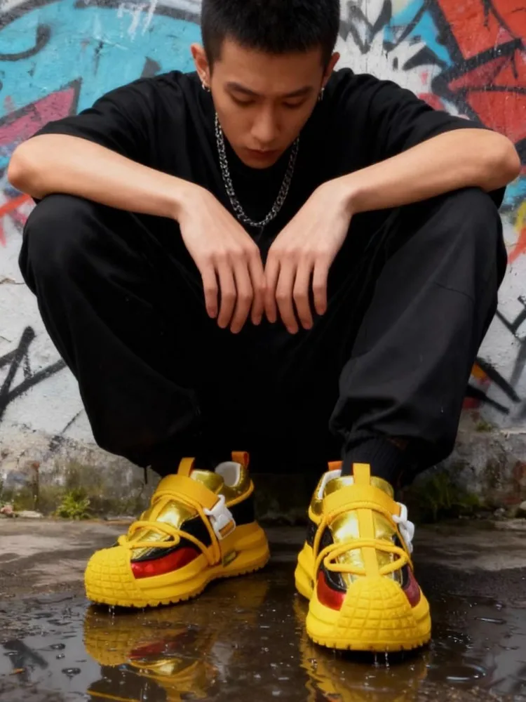 Hip Hop Mens Genuine Leather Sneakers Mixed Colors Casual Platform Shoes Buckle Personality High Street Fashion Skateboard Shoes