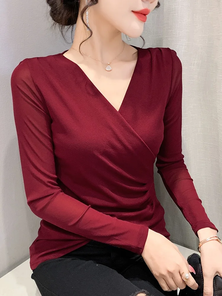 تي شيرت نسائي مثير V-Ne Long Sve Me بقصة ضيقة كورية Sle Commute Faion ربيع الخريف قاعدة علوية irt مجوفة La...