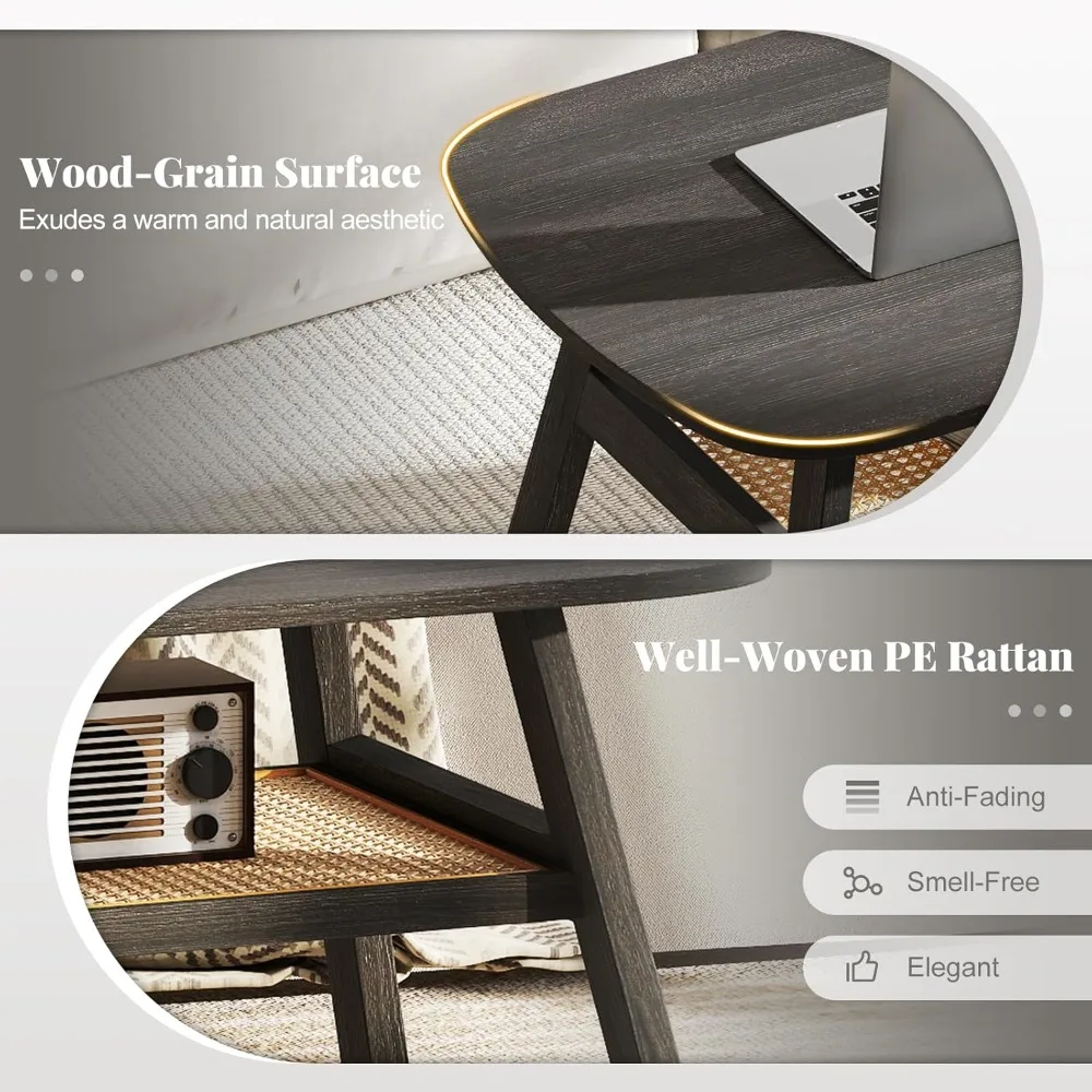 Rattan Coffee Table, 2-Tier Mid Century Modern Rectangular Center Table with Rattan Storage Shelf & Rubber Wood Legs