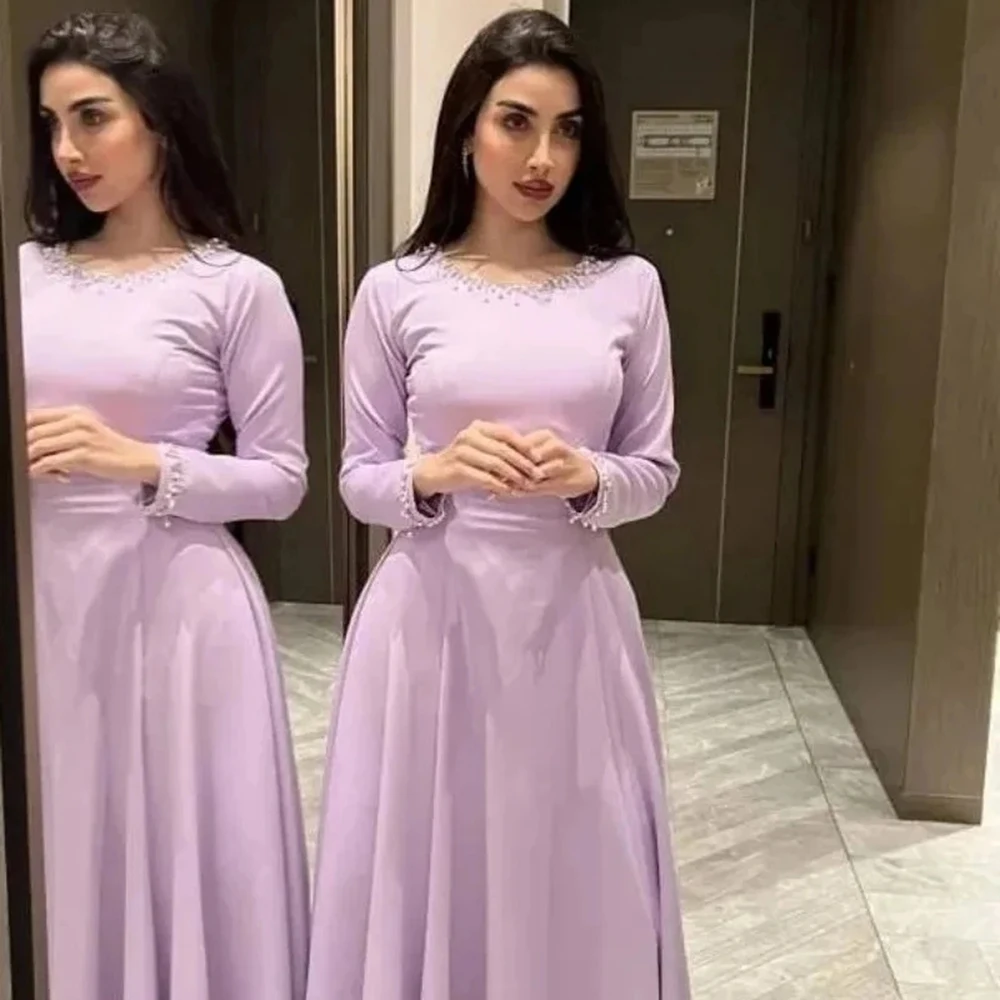 

Customized Fashion pink backless Formal Dresses Draped A-line Crew Open back Dress full sleeve Floor Length Wedding Guest Dress