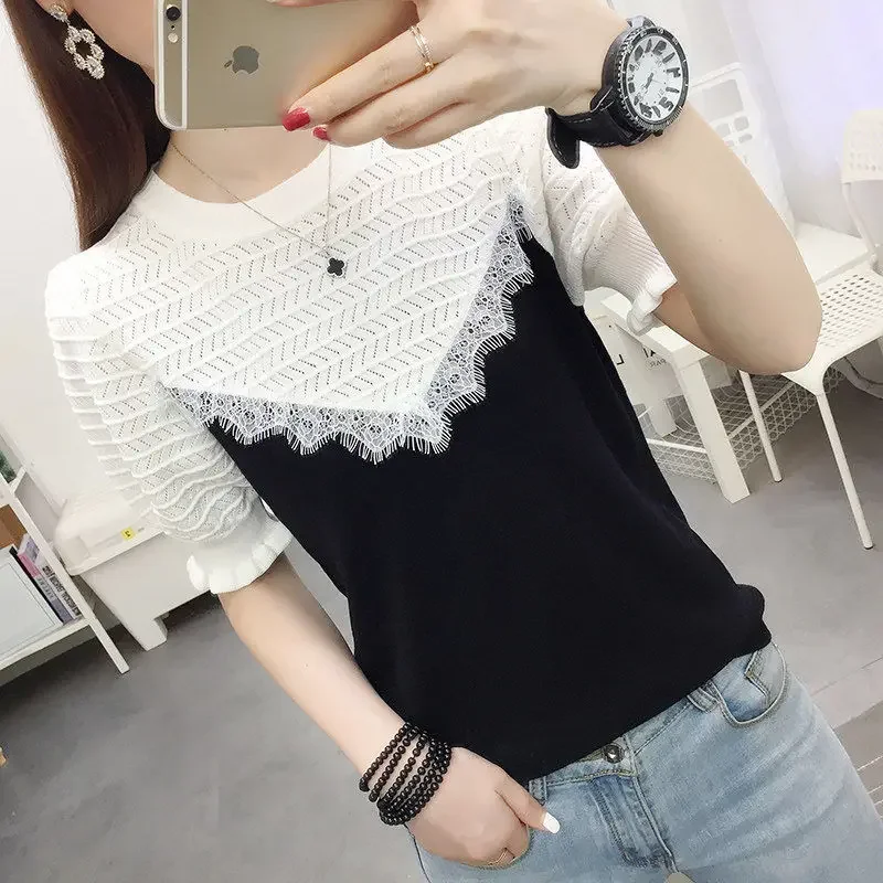 

Ice silk striped knitted T-shirt female Korean version 2024 summer new lace stitching loose wild short-sleeved shirt tops