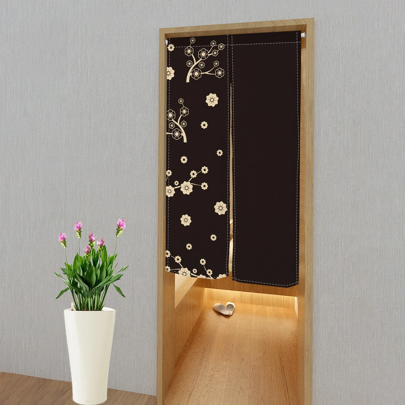 VIKAMA Retro Jacquard Peony Door Curtain, Navy & Gold Floral Print,New Chinese Partition Curtain for Living Room & Bedroom