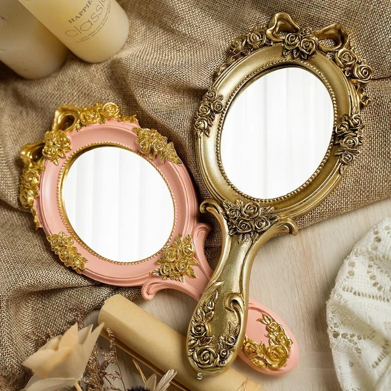 مرآة كلاسيكية محمولة باليد، مكياج مدمج للسفر، جميل ومحمول بيضاوي منقوش من الراتنج، مرايا يدوية هدية لفتاة الأم #1
