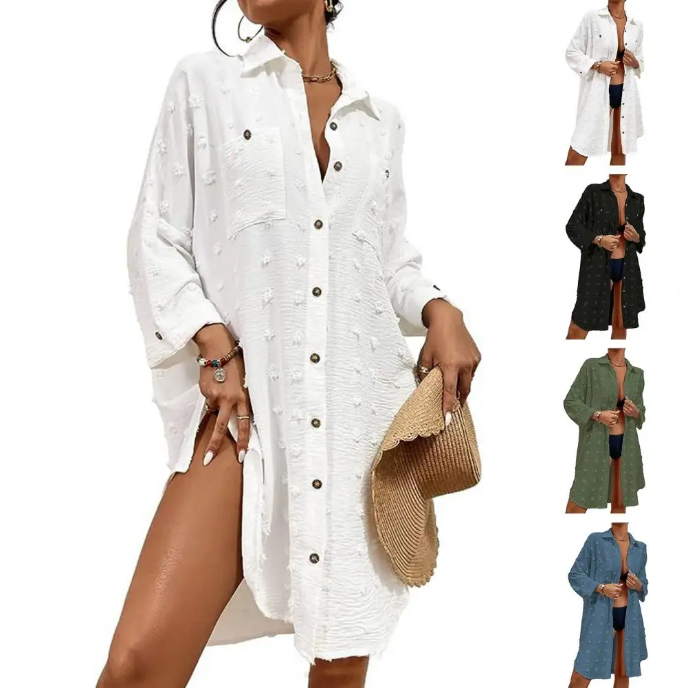 Stretchy Cover up Blouse Sun Beach Cover up Cardigan for Women Long Sleeve Lapel Loose Shirt with Anti uv Pockets