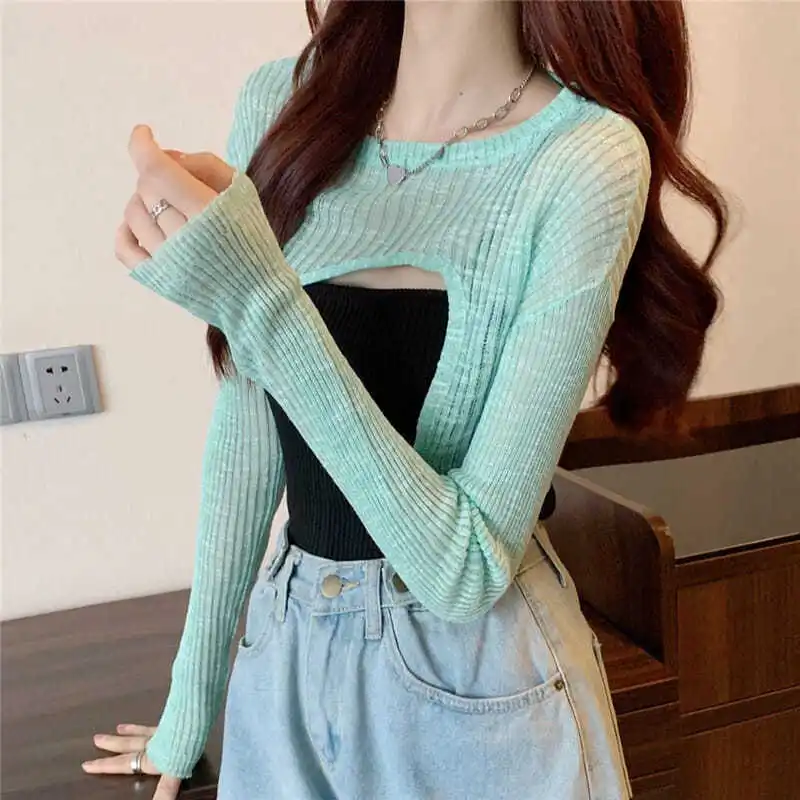 Hot Cropped Shrugs Women Knitwear High Street Long Sleeve O-neck Cool Girls Stylish Solid Color Irregular Female Chic All-match