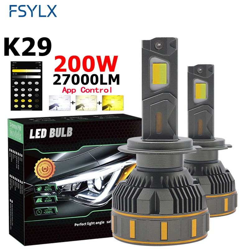 

K29 200W 27000LM APP Control LED Headlight Bulb H7 H11 9005 9006 3 Color 3000K 4300K 6000K Flash Yellow White Adjustable Car Hea