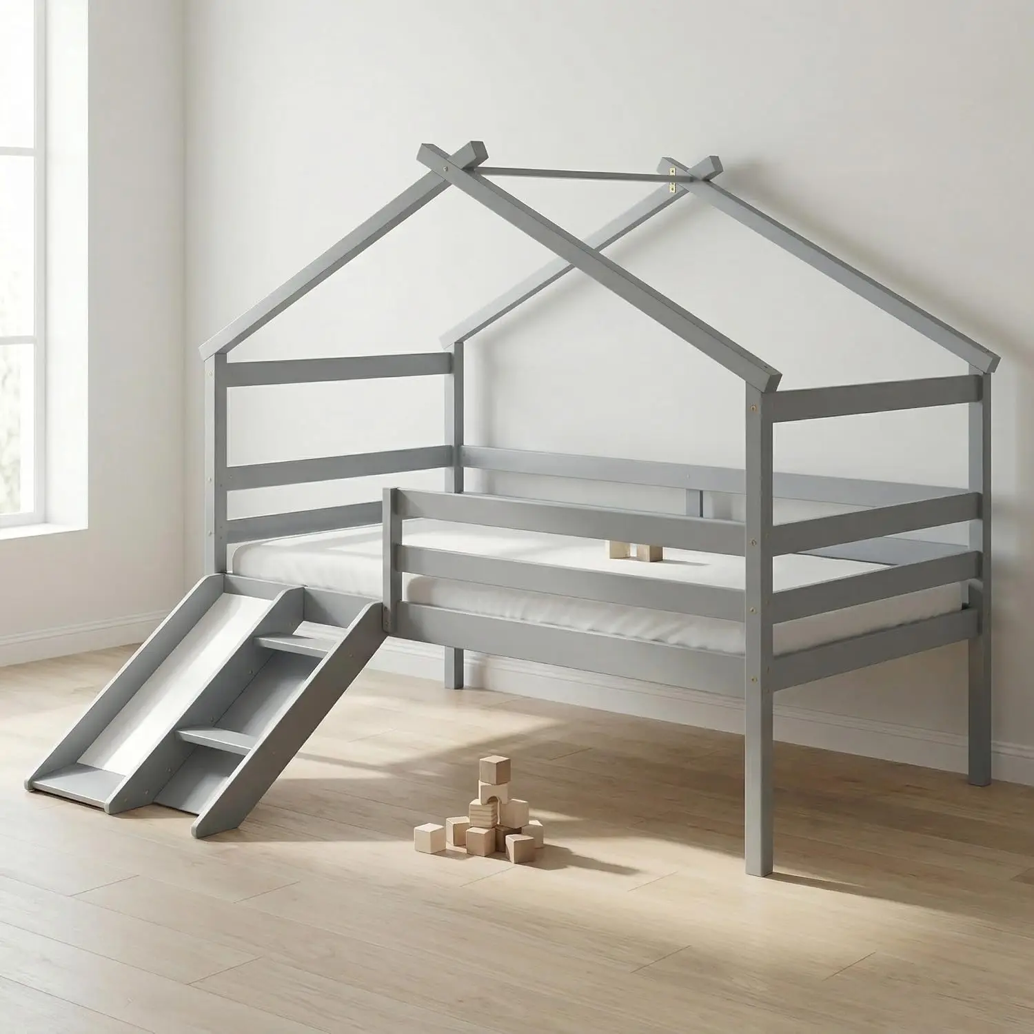 

Twin Low Loft House Bed with Slide & Ladder, Grey Sturdy Bed Frame with Safety Guardrails, Secret Base for Children, Customized