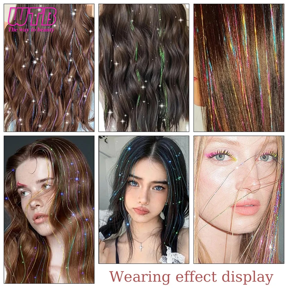12 Piezas Clip en Cabello 20 Pulgadas Sintético Colorido Glitter Tinsel Extensión de Cabello Fiesta Navidad Año Nuevo Regalo para Mujeres Cabello 5