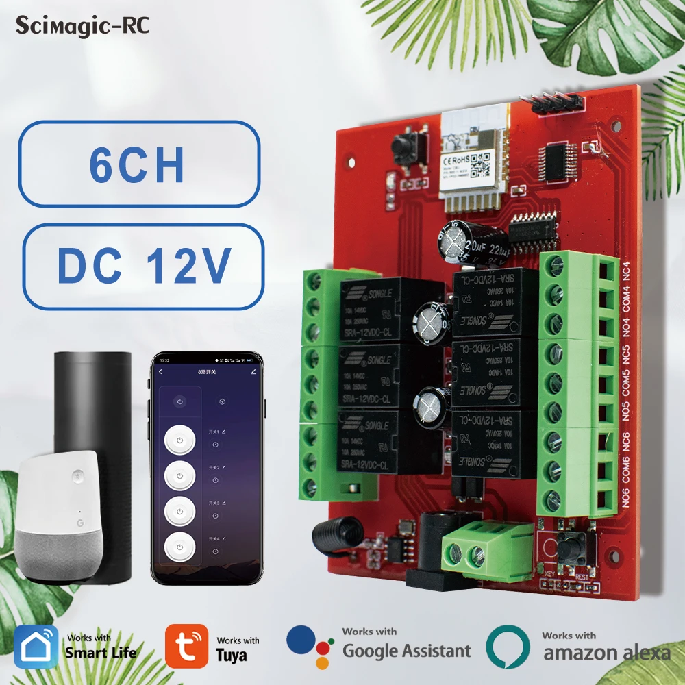 

6-канальный Tuya Wi-Fi умный беспроводной релейный модуль, переключающий двигатель постоянного тока 12 В/24 В, переключатель дистанционного управления, автоматические выключатели Alexa