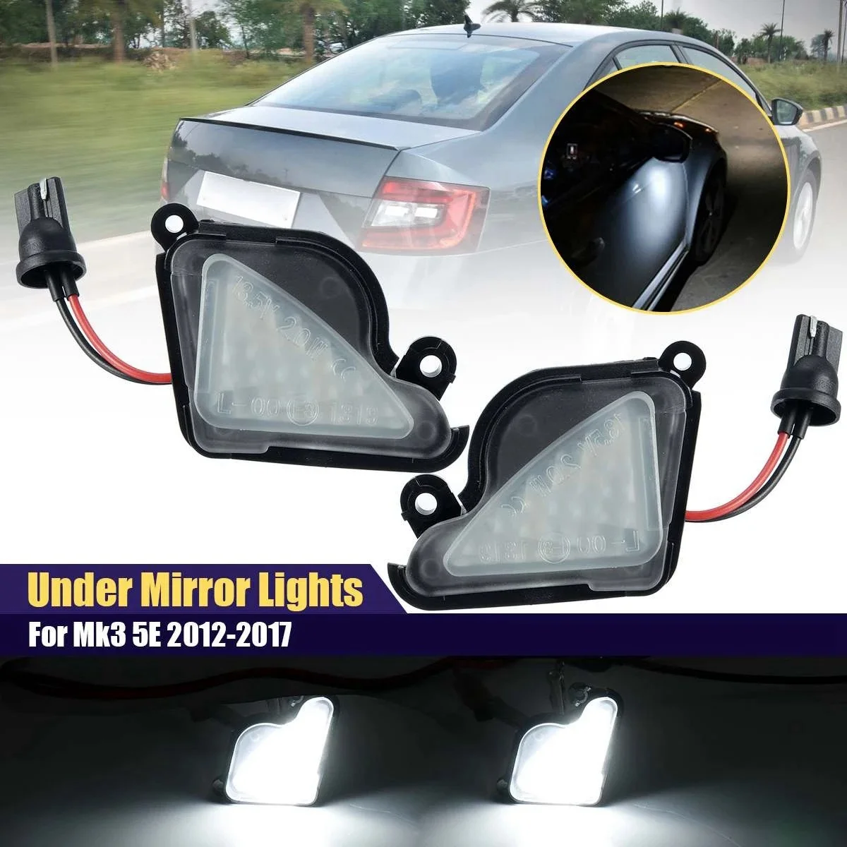 Pair 13.5V LED Under Side Mirror Light Signal Lamp for Skoda Octavia Mk3 5E 2012-2017 with White Light